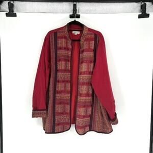 Chico's Red Cotton Open Stand Collar Jacket with Indian Embroidery - Plus 3X